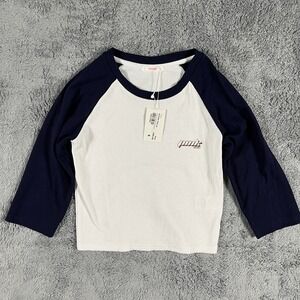 Atmos Ribbed Shirt Women Small White Navy 3/4 Raglan Sleeve Pullover HY23SS-TP02